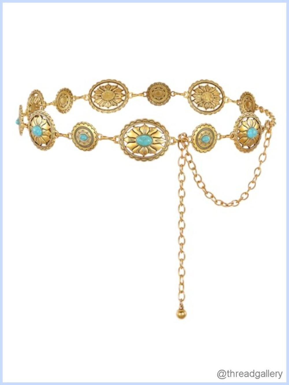 Western Concho Chain Belt with Turquoise Gems Zinc Alloy Cowgirl Waist Belt for